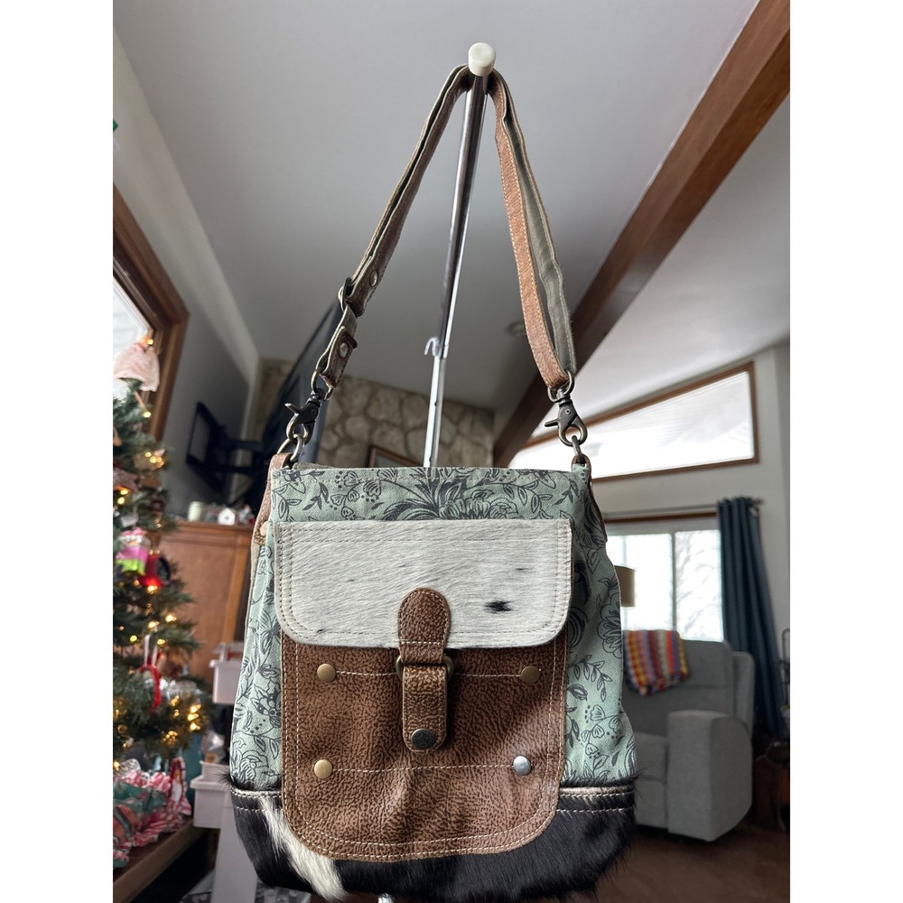 Myra Eau De Nil Bag faux Cowhide Leather Floral‎ Canvas Crossbody Messenger Bag